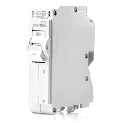 Leviton LB120-T 20A 1-Pole Plug-On Standard Branch Circuit Breaker, Thermal Magnetic, 120 VAC, White