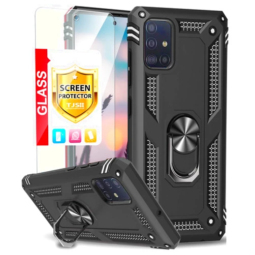TJS Phone Case Compatible with Samsung Galaxy A71 5G/A91/M80s (Not Fit Galaxy A71 4G/Verizon Galaxy A71 5G UW), with [Tempered Glass Screen Protector] Metal Ring Magnetic Support Cover (Black)