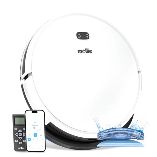 mollie Robot Vacuum and Mop with Wi-Fi/App, Automatic Self-Charging Robotic Vacuum Cleaner, 2800Pa Suction, Slim, Good for Hard Floors Carpets, White