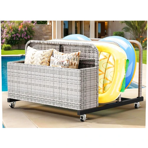 GOOBED Pool Storage, Wicker Pool Float Holder with Lockable wheels,Pool Organizer for cushions, Floaties, Noodles, Life Vests, Beach Balls, Patio Furniture (Grey)