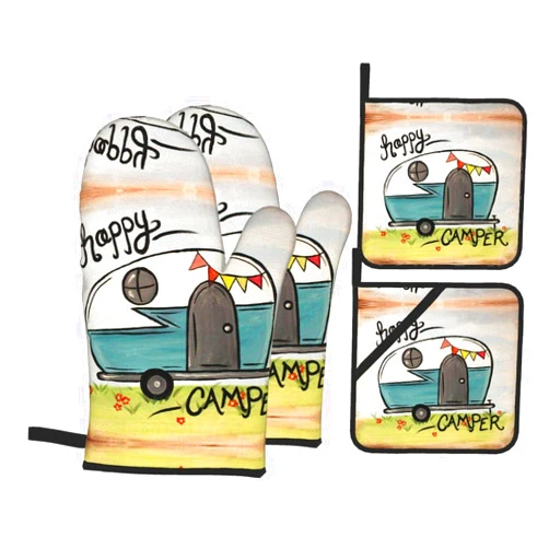 Msacrh Happy Camper Oven Mitts and Pot Holders Sets of 4,Resistant Hot Pads with Polyester Non-Slip BBQ Gloves for Kitchen,Cooking,Baking,Grilling