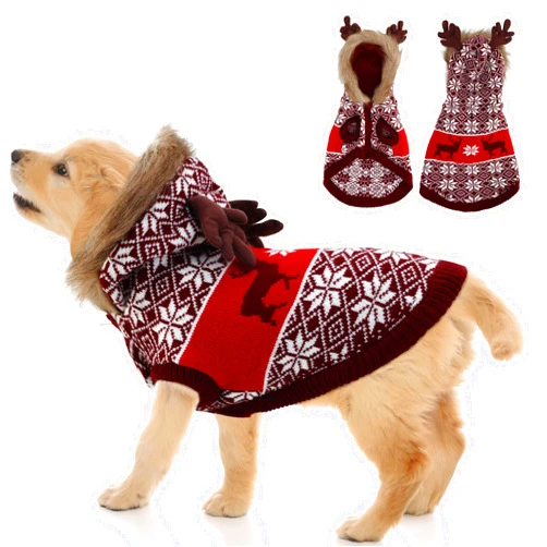 OTOB Hoodie Medium Large Dog Sweater Christmas Holiday, Soft Warm Ugly Christmas Sweater for Dogs, Xmas Dog Christmas Outfit with Reindeer and Leash Hole, Pet Knitwear Clothes for Cold Weather, L