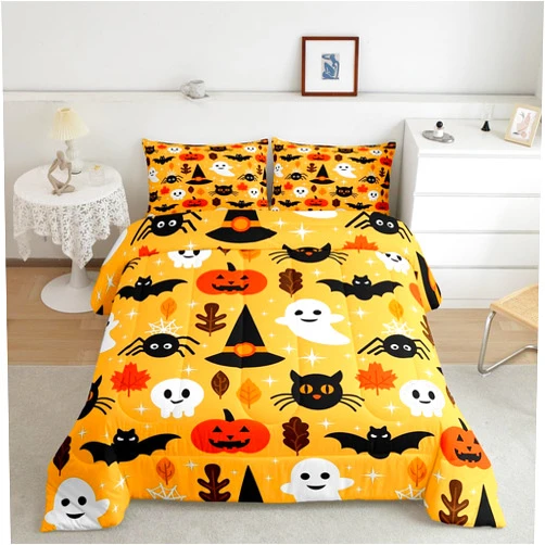 Erosebridal Halloween Comforter Set Queen Cartoon Pumpkin Duvet Insert Lantern Bedding Ghost Quilted Duvet for Kids Boys Girls Bedroom Decor 3 Pcs Bedding Set (1 Down Comforter 2 Pillow Cases) Orange