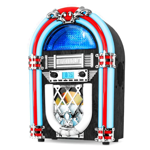 Victrola VJB-125 Retro Desktop Jukebox with CD Player, FM Radio, Bluetooth, and Color Changing LED Lights, 15-Inch Tall