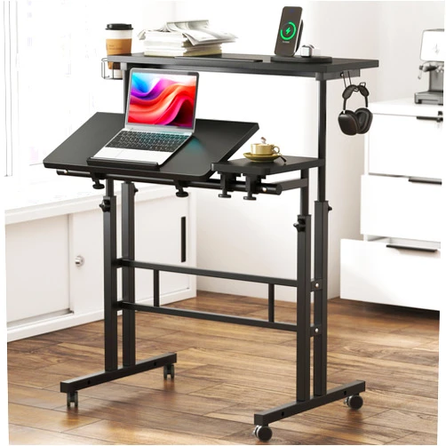 SogesHome 31.5 inch Mobile Standing Desk Adjustable Computer Desk Rolling Laptop Cart Portable Laptop Stand on Wheels Home Office Workstation with Cup Holder,Headphone Holder, Upgrade Black