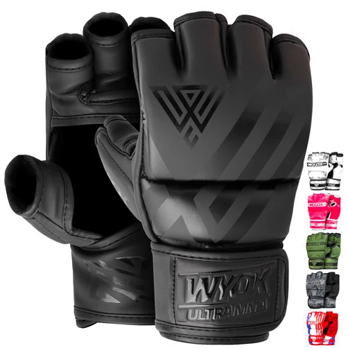 WYOX MMA Gloves Grappling Sparring, Boxing Gloves Men Women Muay Thai Martial Arts Training, Half Finger Adjustable Mitts Wrist Support Kickboxing Gloves, Cage Fighting Punching Bag Gloves