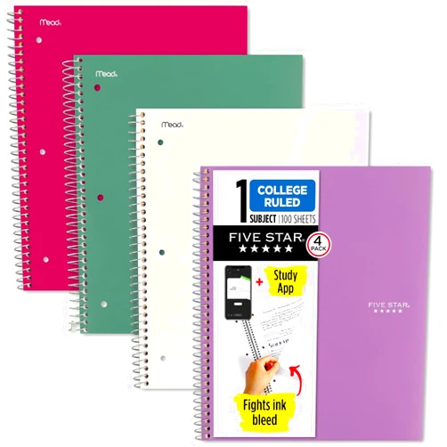 Five Star Spiral Notebooks + Study App, 4 Pack, 1 Subject, College Ruled Paper, 8-1/2