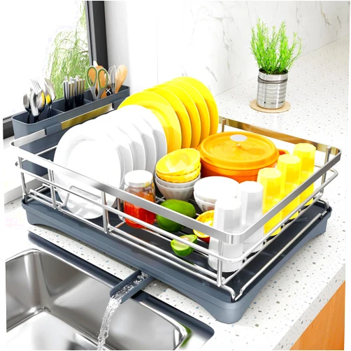 SNTD Dish Drying Rack for Kitchen Counter - Stainless Steel Dish Rack with Drainboard, Large Dish Drainer with Utensil Holder for Sink, Silver