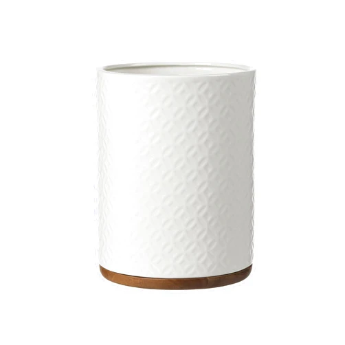 Motifeur Bathroom Wastebasket - Ceramic Decorative Trash Can with Wooden Base (White and Beige)…
