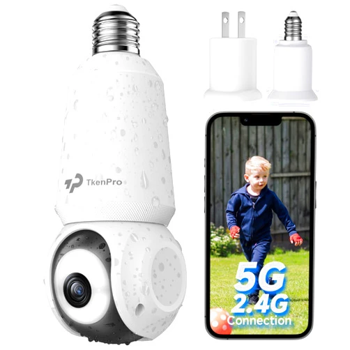 TKENPRO 2K Light Bulb Security Cameras Wireless Outdoor, 5G&2.4G WiFi Cameras for Home Security Outside Indoor, IPX6 Waterproof, 360° Motion Tracking and Human Detection, Security Camera Outdoor-White