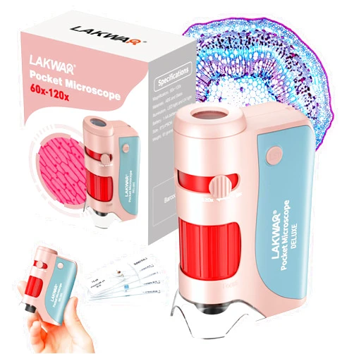LAKWAR 60x-120x Mini Pocket Microscope for Kids Adults, Portable Handheld Microscope with 5 Microscope Slides, Miniscope for Kids Adults Science Lab