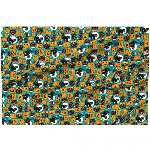 Spoonflower Fabric - Spooky Vintage Cats Pumpkins Dark Blue Black Pumpkin Retro Halloween Printed on Chiffon Fabric by The Yard - Sewing Fashion Apparel Dresses Home Decor