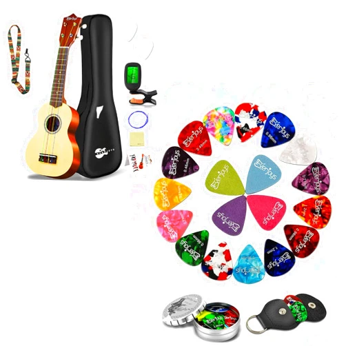 Everjoys Soprano Ukulele 21 Inch w/Rainbow String and 20Pack Celluloid Felt Picks Set