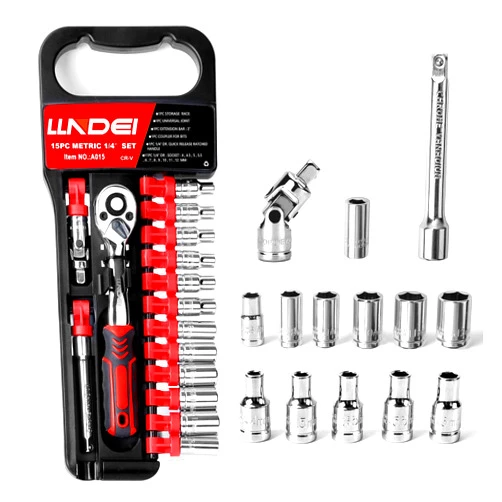 LLNDEI 1/4-Inch Drive Socket Wrench Ratchet Set, 15-Piece Metric Small Sockets (4-12mm) with Cr-V Rotatable Ratchet Handles, Extensions, Universal Joints for Automotive & Home Repair