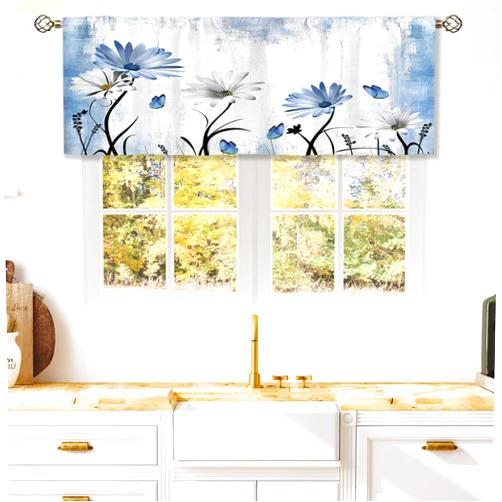 Laifzere Rustic Blue Daisy Floral Curtain Valance for Window Treatments Farmhouse Flower Rod Pocket Kitchen Treatment Butterfly Country Drapes for Bathroom Bedroom Living Room 1 Panel (52x18 Inch)