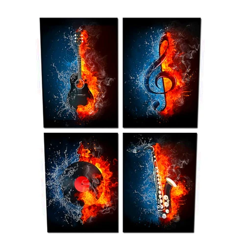 VVOVV Wall Decor - 4 Panel Music Canvas Painting Instrument Series Picture Prints Electric Guitar,Music Note,Saxophone and Turntable Wall Art (Music Wall Art)