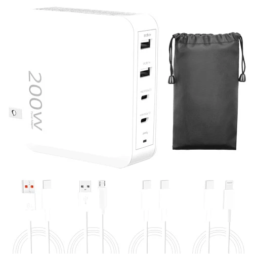 Xliwo 200W USB C Charger, XIiwo 4-Port GaN Foldable Compact Fast Laptop Charger Power Adapter for MacBook Pro/Air, iPad Pro, iPhone 16 Pro, Galaxy S25/S24, Steam Deck, Google Pixelbook, and More