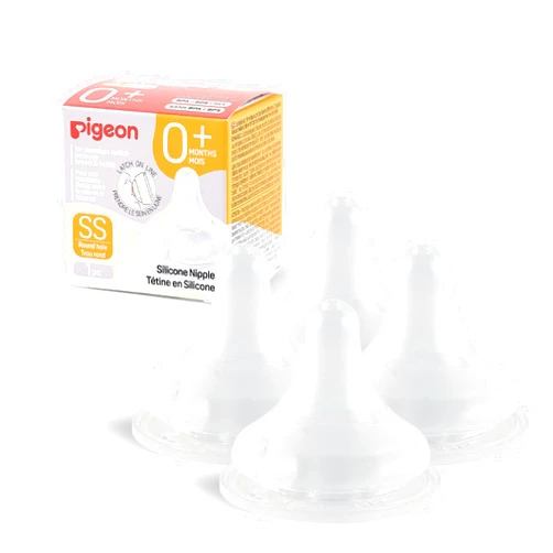 Pigeon Silicone Nipple (SS) with Latch-On Line, Natural Feel, 0+ Months, 4 Counts