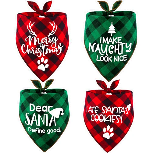 Remifa 4 Pack Merry Christmas Dog Bandanas - Classic Triangle Fall Xmas Christmas Printing dogs Red Plaid Scarf Bibs Kerchief Gifts Set - Pet Holiday Accessories Decoration for Small to Large Puppy Dogs Cats