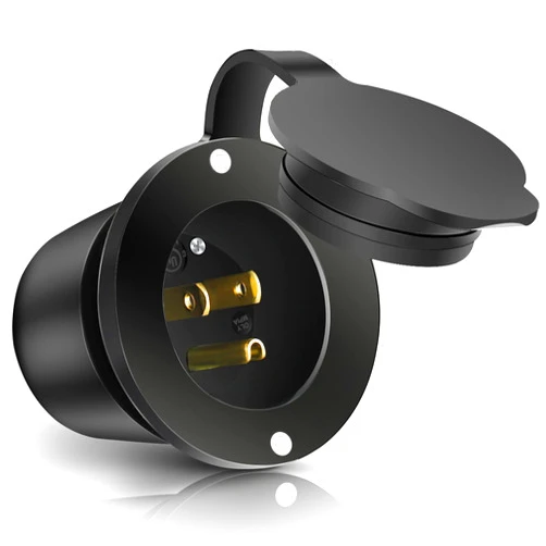 WAWETA 15 Amp Flanged Inlet 125V, Shore Power Inlet with Waterproof Cover, NEMA 5-15 AC Port Plug 2 Pole 3-Wire Generator Male Receptacle for Marine Boat RV Shed Electrical Extension