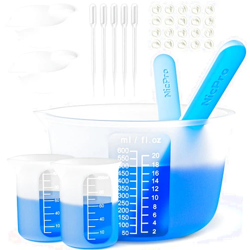 Nicpro Large Silicone Resin Measuring Cups Tool Kit - Nicpro Reusable 600ml & 100ml Measure Cup, Silicone Stir Sticks Pipettes Finger Cots for Epoxy Resin Mixing, Molds, Jewelry Making, Waxing, Easy Clean