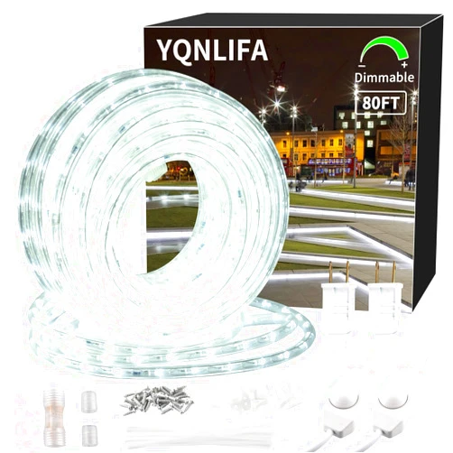 YQNLIFA 80ft LED Rope Lights, Dimmable 864 LEDs IP65 Waterproof Outdoor Indoor Linkable Cuttable Rope Light, 110V 6000K Daylight White Christmas Rope Light for Patio Garden Corridor Home Party Decor