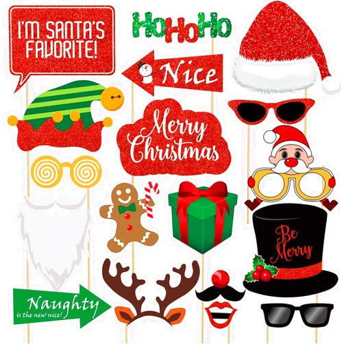 Jokmae Decorations Glitter Christmas Photo Booth Props Kit - 25 Count DIY Xmas Theme Photography Backdrop Decoration, Holiday Atmosphere Decor, New Year Party Photo Supplies, Gifts for Funny Selfie Posing Signs