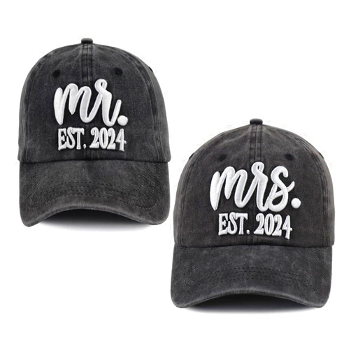 Fxbwhtey 2 PCS Mr and Mrs Est 2024 Hats for Men Women, 3D Embroidered Adjustable Cotton Couples Baseball Cap