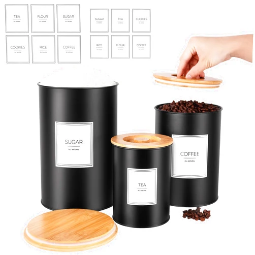 Candco Canisters Sets for Kitchen Countertop, Black Metal Kitchen Canisters Set of 3, Flour and Sugar Storage Containers with Airtight Lid and Waterproof Stickers, Coffee and Tea Storage, Farmhouse Decor