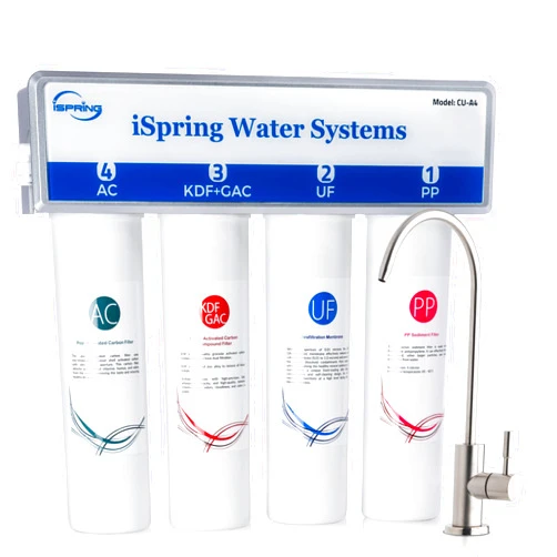 iSpring CU-A4 0.01μm Ultra-Filtration Under Sink Water Filter System, Tankless 4-Stage High Capacity, Remove 99.99% Contaminants, Quick Filter Change with Brushed Nickel Faucet, White