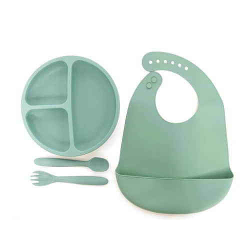 Lila & Jack's Baby Feeding Set, BPA Free, Food Grade Silicone Dinner Plate and Cutlery Set, Learn to Eat on Your Own, Set Includes Spork, Spoon, Bib and Plate (Green), (AT1747)