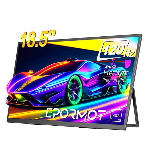 EPORMOT Portable Monitor 18.5 inch 120hz for Laptop, FHD 1080P Portable Gaming Monitor w/VESA Kickstand HDR Speakers USB C Mini HDMI for Phones PC Gaming Devices, Travel Second Screen for Business