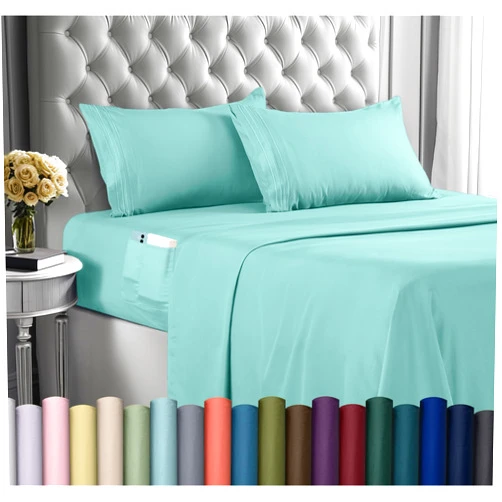 Utopia Bedding King Sheet Set, Soft Microfiber 4 Piece Hotel Luxury Bed Sheets for Women, Men, Kids & Teens with Side Storage Deep Pocket Fitted Sheet- Embroidered Pillow Cases - Flat Sheet (Spa Blue)