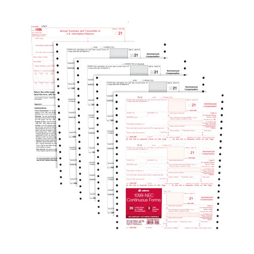 Adams 1099 NEC 3 Up 2021 Continuous Forms, 4 Part Carbonless Forms, for Pin Fed Dot Matrix Printers, with 3 1096, 20 Pack (TXA2299-NEC21)