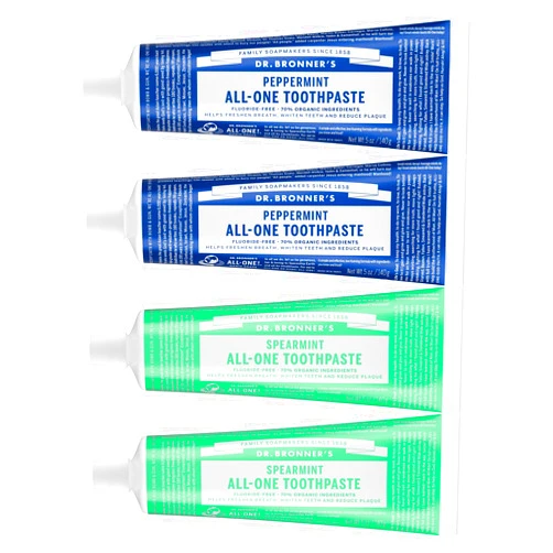 Dr. Bronner's Dr. Bronner’s - All-One Toothpaste Variety Pack - Peppermint & Spearmint, 70% Organic Ingredients, Fluoride-Free, Helps Freshen Breath, Vegan (5oz, 4-Pack)