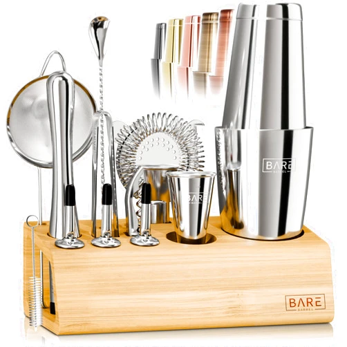 BARE BARREL® Mixology Bartender Kit Bar Set | 14-Piece Cocktail Shaker Set | Martini Barware Mixing Tools for Home Bartending | Incl. 35 Recipe Cards | Gift Set (28oz Boston Shaker, Silver/Natural)