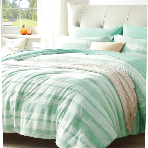 UNILIBRA Queen Comforter Set 7 Pieces Bed in a Bag Sage Green Striped, Queen Cationic Dyeing Bedding Sets for All Seasons with Comforter, Flat Sheet, Fitted Sheet, Pillow Shams, Pillowcases