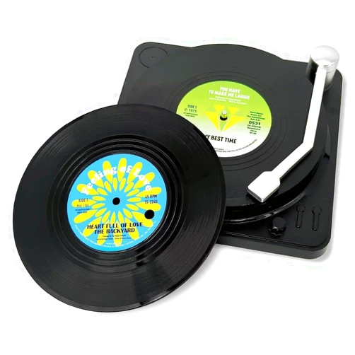 Glatiaofy Record Coasters for Drinks with Player and Unique Labels for Music Lovers, 6 Pcs Music Coasters for Drinks, Bars, Party, Office, Gifts for Music Lovers, Home Decor Housewarming (Nostalgia)