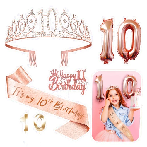KENJOVIVO Sweet 10 Birthday Decorations for Her - 5pcs Gifts Including 10th Tiara Crown, Sash, Cake Toppers, Balloons, Birthday Candles, Sweet 10th Birthday Gifts for Girls