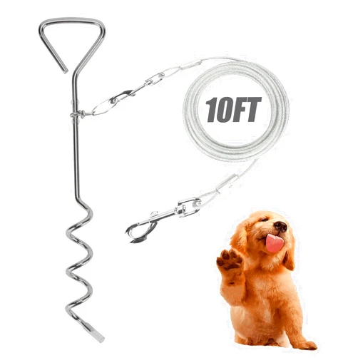 Darkyazi Dog Stake Tie Out Cable and Reflective Stake 16 ft Outdoor, Yard and Camping, for Medium to Large Dogs Up to 125 lbs (10FT /3.048m, Silver)