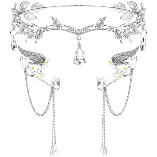 Hicarer 3 Pcs Halloween Rhinestone Leaf Headband Metal Elf Ears Fairy Costume Crown Princess Cosplay for Women(Silver)