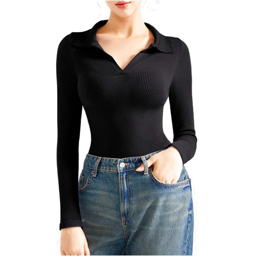 SUUKSESS Women Long Sleeve Ribbed V Neck Polo Shirts Collared Business Casual Slim Fitted Tops for Office Work