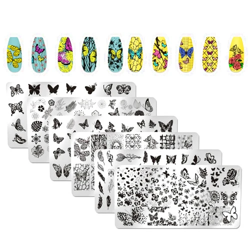 XEAOHESY 6pcs Butterfly Nail Stamping Plate Nail Stamping Kit for Nails Butterfly Flower Bird Feather Leaf Image Plates Nail Stamper Kit Nail Stamping Plates for Nails