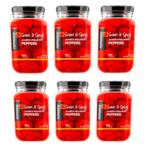 Peppadew Mild Whole Sweet & Spicy Piquante Peppers, 14-Ounce Glass Jars (Pack of 6)