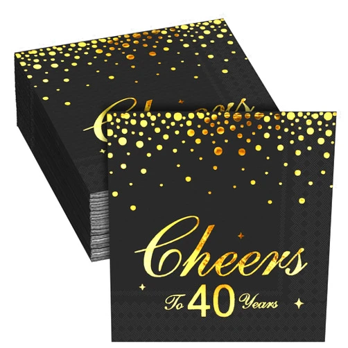 durony 60 Pieces Cheers to 40 Years Paper Napkins Black Gold Foil 3-Ply Party Napkins Folded 5 x 5 Inch Cocktail Napkins for 40th Anniversary Birthday Retirement Party Supplies Decorations