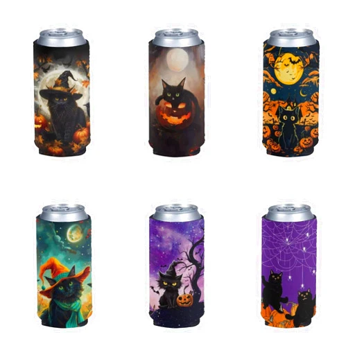 Kuiaobaty Witch cat Beer Can Coolers Sleeves 6pcs Set Soft Insulated Beer Can Holder Neoprene Can Sleeves Party Bar Restaurant Decoration Halloween Theme Pattern Print Gift for Friends