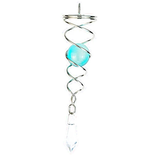 Prefdo 4.5 inch Gazing Ball Spiral Tail, Prefdo Metal Wind Spinner Stabilizer, Crystal Glass Ball Spinning Hanging, Helix Kinetic Silver Twister Garden Decorations(Lake Blue)