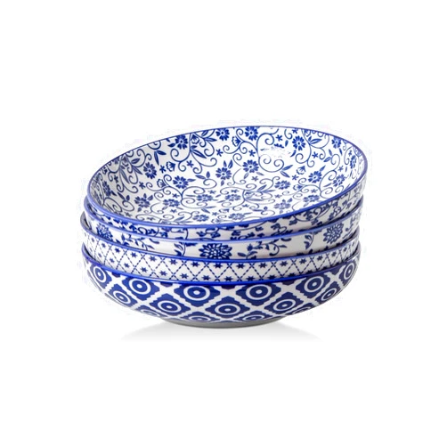 Gibsimi Ceramic Soup Bowls Set - 32 OZ Porcelain Serving Pasta 8.5 inch Cereal Bowls Wide and Shallow Dinner Salad Bowls - Microwave Dishwasher Oven Safe - Set of 4 - Vintage Blue