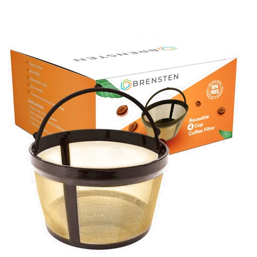 BRENSTEN 4 Cup Reusable Filter Basket With Closed Bottom Fits MrCoffee Coffee Maker and Brewer - Permanent Filter Replacement for Mr Coffee Gold Tone Basket-Style Filters