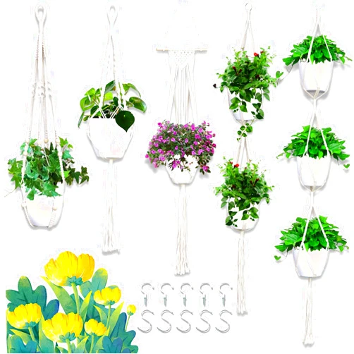 IGaiety Macrame Plant Hanger 5 Pcs Indoor Outdoor Hanging Plant Holders Handmade Plant Hangers Cotton Rope Planters with 5 Pcs Ceiling and S Hooks for Small Plants Pots Boho Home Decor